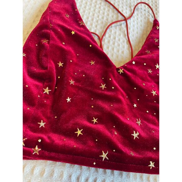 Romwe Red Velvet Celestial Gold Star Corset Back Spaghetti Strap Crop Top Med - Picture 3 of 7